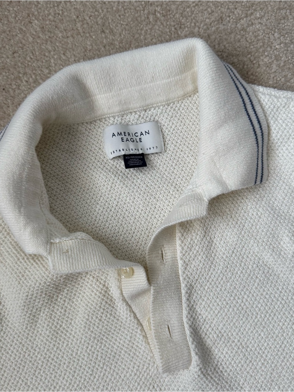American Eagle Outfitters Men’s Cream Polo with Navy Collar Stripe